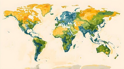 A detailed vector illustration of a world map featuring realistic topography and natural elements, set against a light solid color background