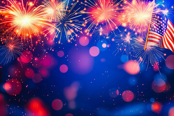 Obraz premium Celebration colorful firework on America flag pattern on sky background, red blue white strip concept for USA 4th july independence day, symbol of patriot freedom and democracy in memorial day.