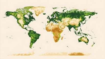 A detailed vector illustration of a world map featuring realistic topography and natural elements, set against a light solid color background