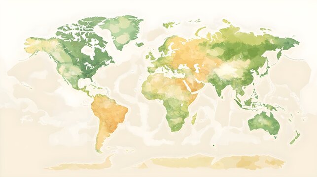 Fototapeta A detailed vector illustration of a world map featuring realistic topography and natural elements, set against a light solid color background