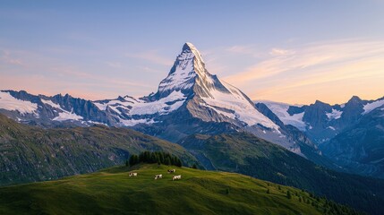 Fototapeta premium Majestic Matterhorn Peak with Cows Grazing in Swiss Alps Landscape