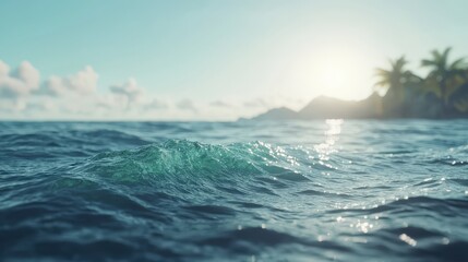 Fototapeta premium Tranquil Ocean Waves with Tropical Island Background