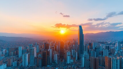 Fototapeta premium Bogota Skyline at Sunset with Golden Hour Glow