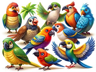 Colorful and Playful Bird Characters in Various Poses for Creative and Fun Illustrations