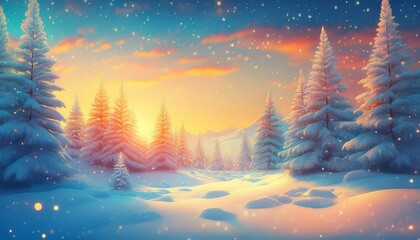 Snowy forest at sunrise