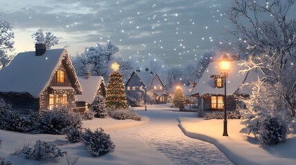 A realistic 3D depiction of a snowy Christmas village with charming cottages and a softly glowing street lamp, ideal for holiday-themed projects