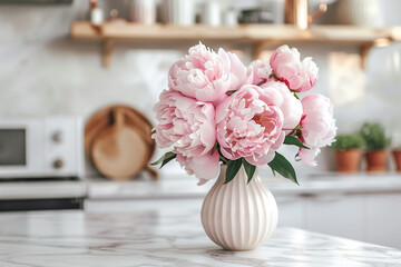 Beautiful Peonies in Vase on Granite Countertop Island in Stylish White Minimal Kitchen with Wooden Shelves in New House