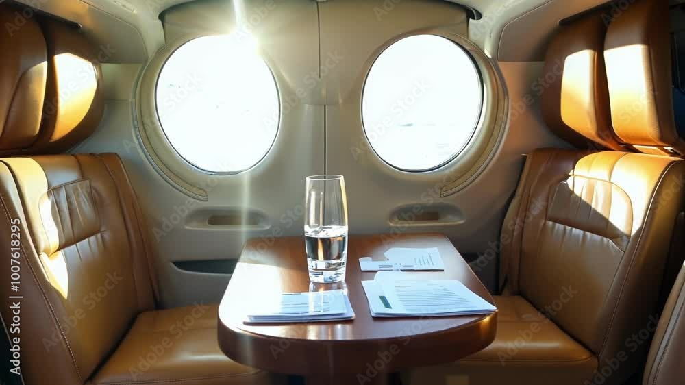 Poster empty seats with a glass of water, documents and a phone resting on a table inside the cabin of a pr