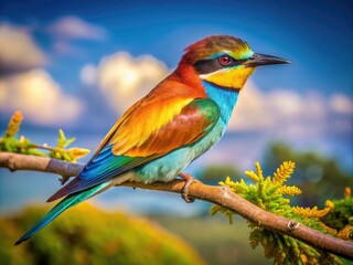 Obraz premium Colorful Bird Perched on Branch Against a Bright Sky in a Natural Setting Capturing True Beauty
