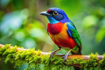 Obraz premium Colorful Bird Perched on Branch in Lush Green Forest Captured in Natural Habitat Setting