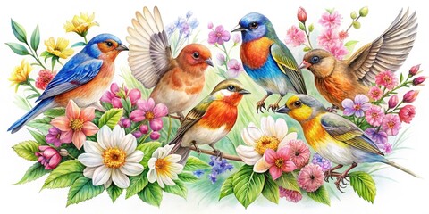 Obraz premium Colorful Birds and Delicate Flowers Hand-Drawn Illustration Perfect for Nature and Art Lovers