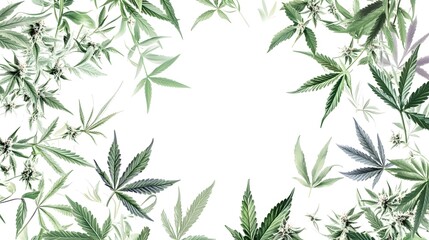 Obraz premium Green Cannabis Leaves and Buds Arranged in a Border on White Background