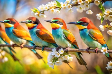 Fototapeta premium Colorful birds perched on branches in a serene natural setting during a sunny day in springtime