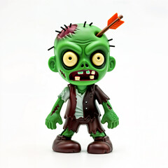 Halloween green undead zombie with bulging eyes and arrow stuck in his skull, plastic miniature toy isolated on a white background