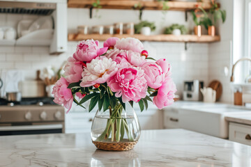 Beautiful Peonies in Vase on Granite Countertop Island in Stylish White Minimal Kitchen with Wooden Shelves in New House