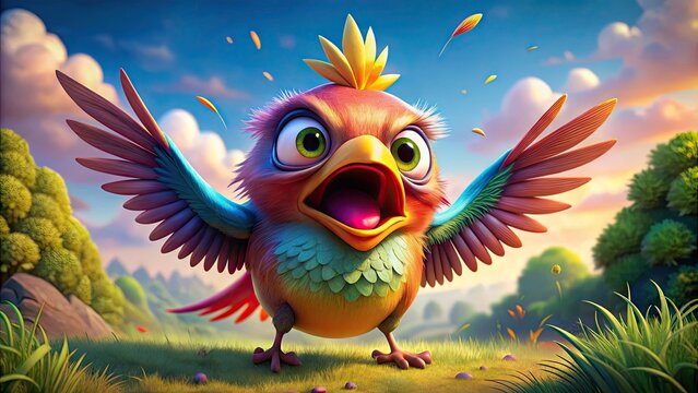 Colorful cartoon bird expressing anger with exaggerated features and dynamic pose in a playful setting