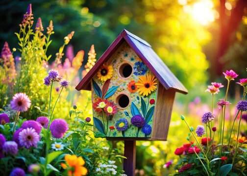 Colorful Cartoon Bird House with Whimsical Design Surrounded by Bright Flowers and Greenery