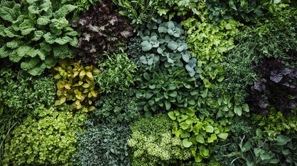 Lush Greenery and Herbs on a Vertical Garden Wall