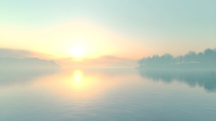 A serene landscape featuring a bright sun rising over a calm lake, with soft reflections on the water surface and an unobtrusive light solid color background
