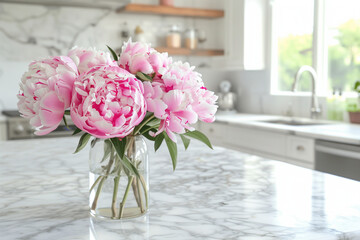 Beautiful Peonies in Vase on Granite Countertop Island in Stylish White Minimal Kitchen with Wooden Shelves in New House