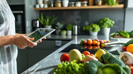 Dietitian planning meals on a tablet with a spread of fresh greens and fruits in a modern kitchen setting