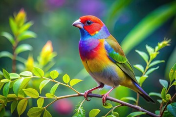 Obraz premium Colorful finch bird perched on a branch with vibrant foliage in a serene natural environment