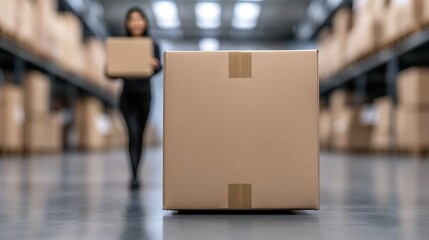 Delivery Warehouse   Cardboard Box and Blurred Worker