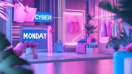 Neon-Lit Store Interior with Bags and Plants for Cyber Monday Sales