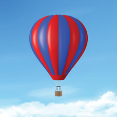 Obraz premium Vector Travel Banner with 3d Realistic Hot Air Balloon Icon on a Blue Sky Background. Design Template, Summer Vacation, Travelling, Tourism and Journey Concept