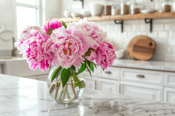 Beautiful Peonies in Vase on Granite Countertop Island in Stylish White Minimal Kitchen with Wooden Shelves in New House