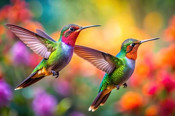 Fototapeta premium Colorful Hummingbirds in Flight Captured in Stunning Detail Against a Vibrant Natural Background