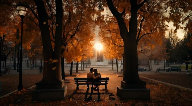 casal em um banco de praca no outono