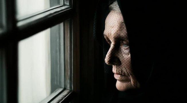 mulher idosa olhando pela janela com um olhar triste 