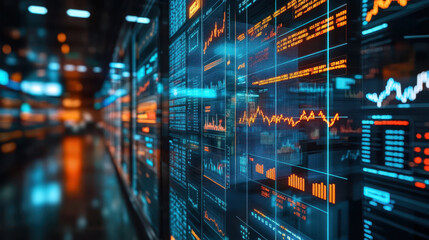 Real time virtual stock exchange platforms displayed on digital screens showcase dynamic financial data and market trends. vibrant colors and intricate graphs create engaging atmosphere for traders