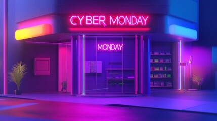 Neon Sign Illuminates a Retail Store Front for Cyber Monday Sales
