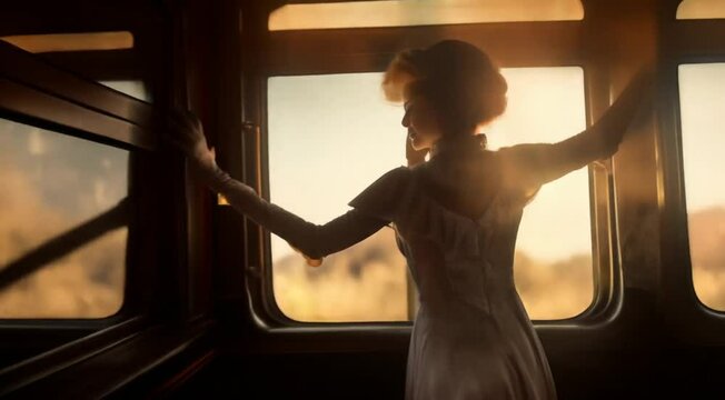 mulher elegante olhando pela janela do trem em uma longa viagem pela europa