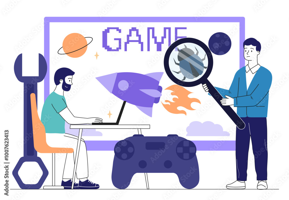 Poster game testers team. man and woman with gamepad near monitor screen. programmers and it specialists wr