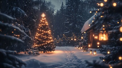 A snowy path leads to a cabin with a glowing Christmas tree and lanterns in a winter forest.