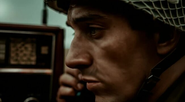 soldado usando o radio no campo de batalha