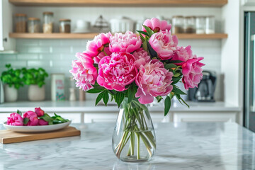 Fototapeta premium Beautiful Peonies in Vase on Granite Countertop Island in Stylish White Minimal Kitchen with Wooden Shelves in New House