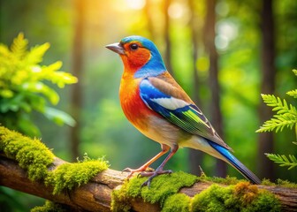 Fototapeta premium Colorful Russian Bird Perched on Branch in Lush Green Forest during Bright Sunny Day in Nature