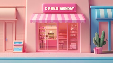 Pink Storefront with a  "Cyber Monday" Sign and Stocked Shelves