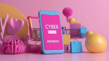 A 3D Illustration of a Smartphone with "Cyber Monday" Displayed and Shopping Carts on a Pink Background