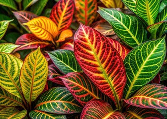 Naklejka premium Colorful Variegated Plant Leaves Creating a Lush and Vibrant Natural Background for Various Uses