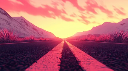 Naklejka premium Open Road to Sunset with Mountain Landscape