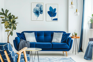Dark blue sofa and recliner chair in scandinavian apartment. Interior design of modern living room.