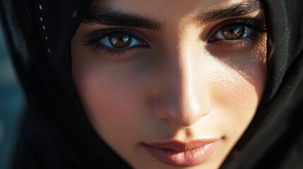 Close-up of a Woman's Eyes and Lips with a Black Headscarf