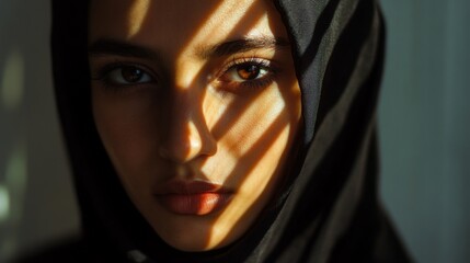 Close-up Portrait of a Woman Wearing a Black Headscarf with Sunlight Illuminating Her Face
