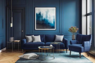 Fototapeta premium Dark blue sofa and recliner chair in scandinavian apartment. Interior design of modern living room.