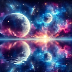 Fototapeta premium A surreal galaxy scene where two moons hover above an ocean of stars